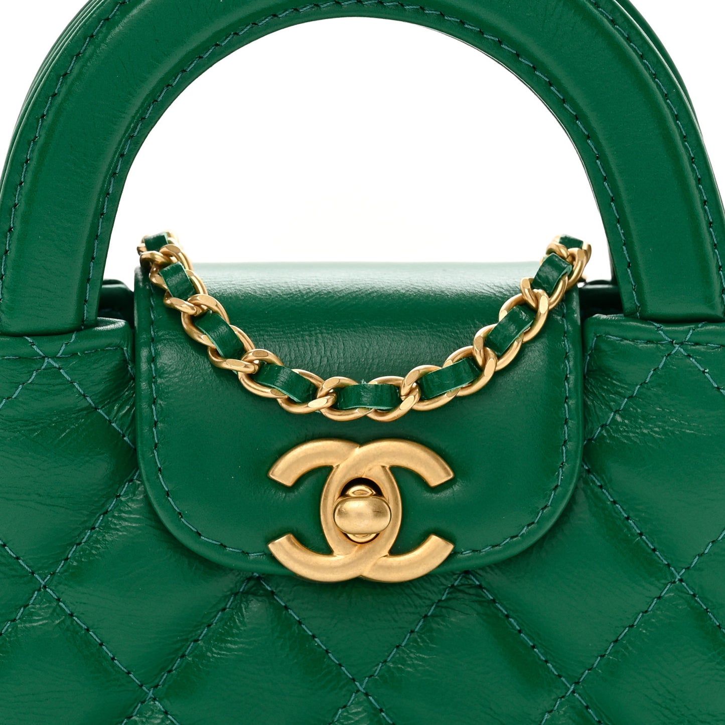 Shiny Aged Calfskin Quilted Mini Nano Kelly Shopper Green