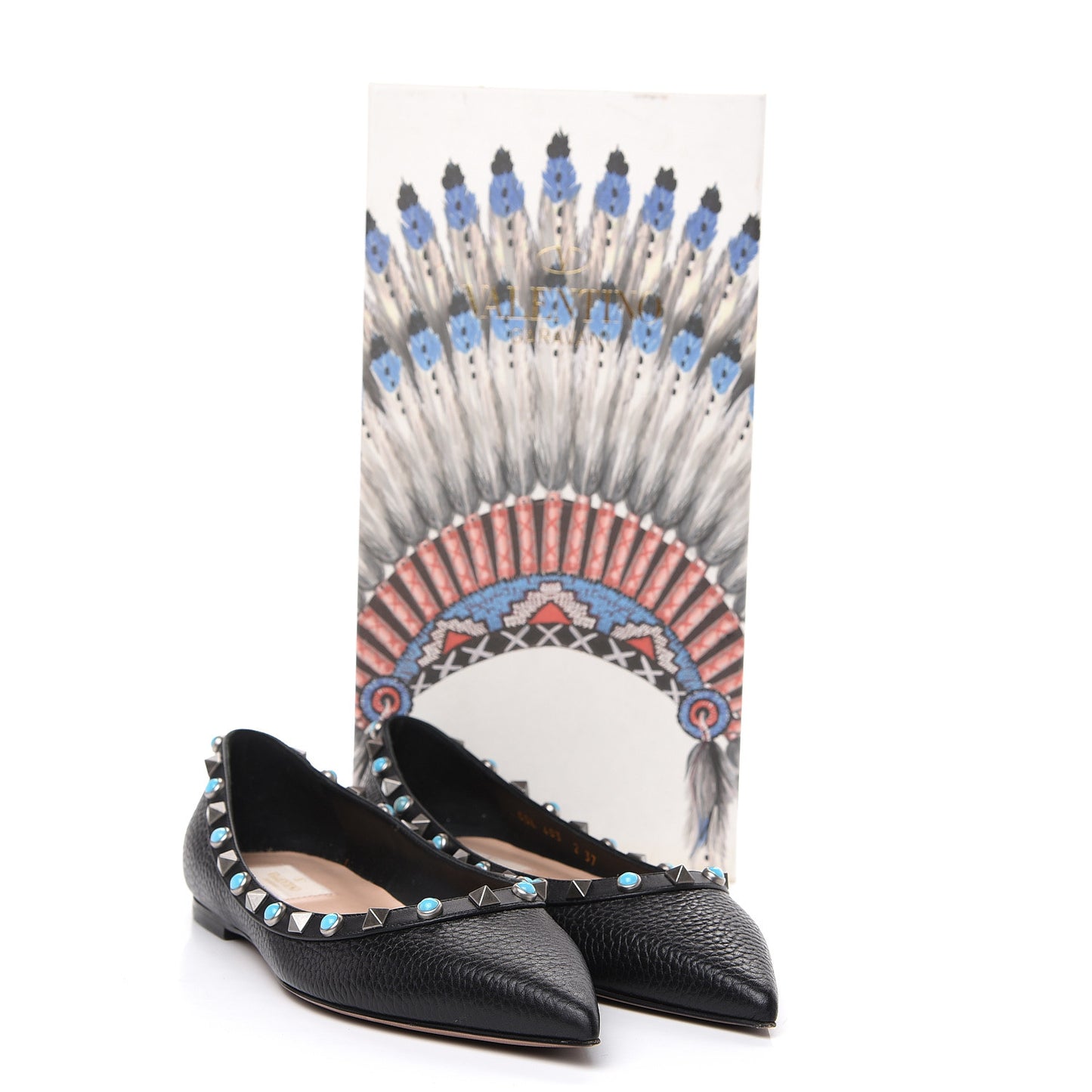 Pebbled Calfskin Rockstud Rolling Ballerina Flats 37 Black