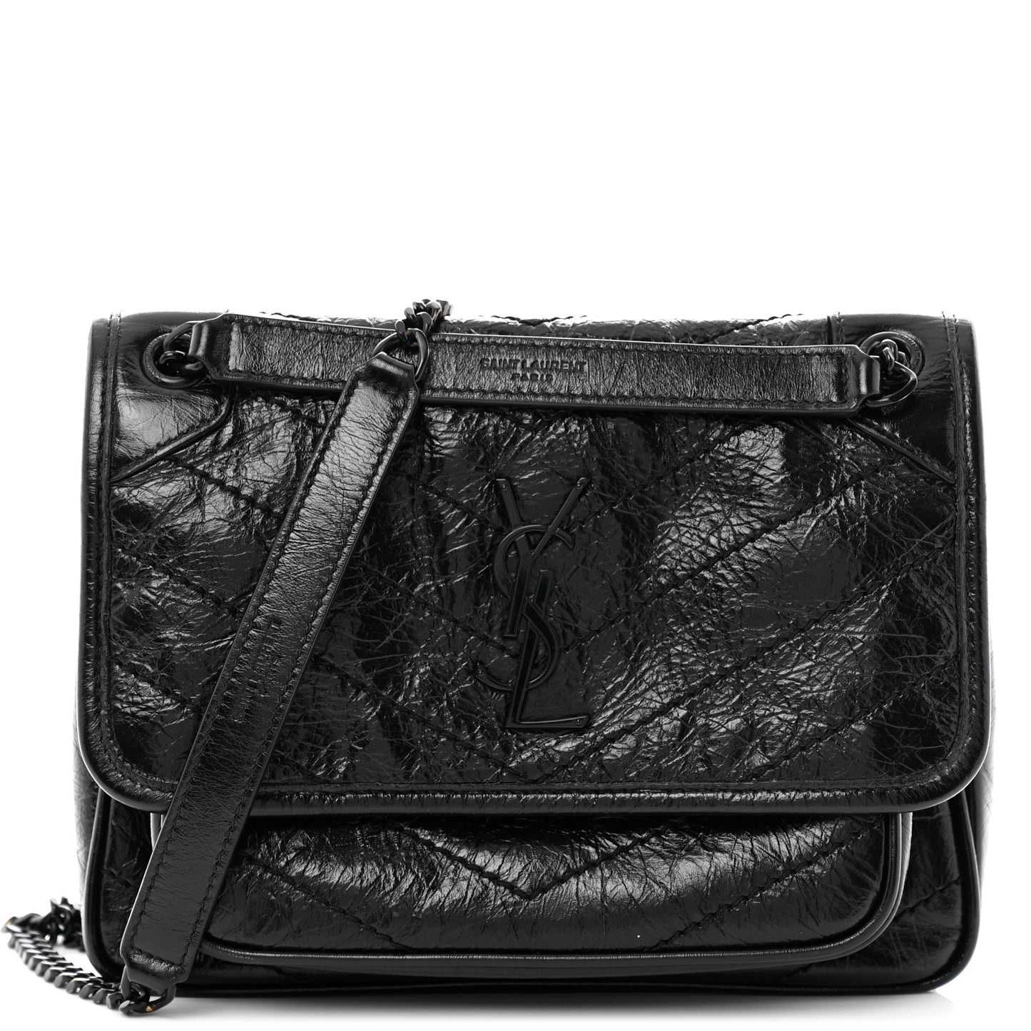 Crinkled Calfskin Matelasse Monogram Baby Niki Chain Satchel Black