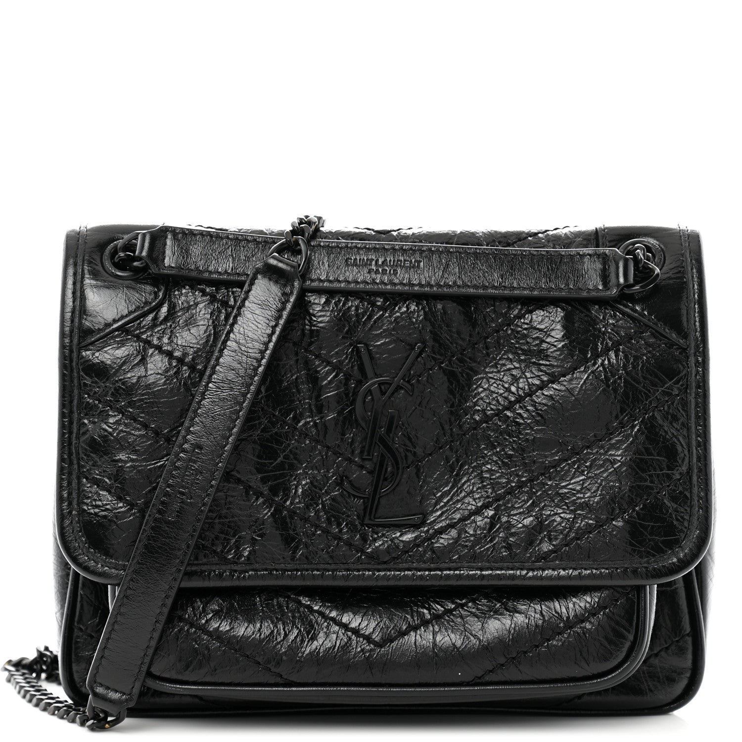 Saint Laurent Crinkled Calfskin Matelasse Monogram Baby Niki Chain Satchel Black 1 of 11