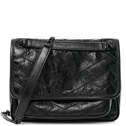 Saint Laurent Crinkled Calfskin Matelasse Monogram Baby Niki Chain Satchel Black 1 of 11