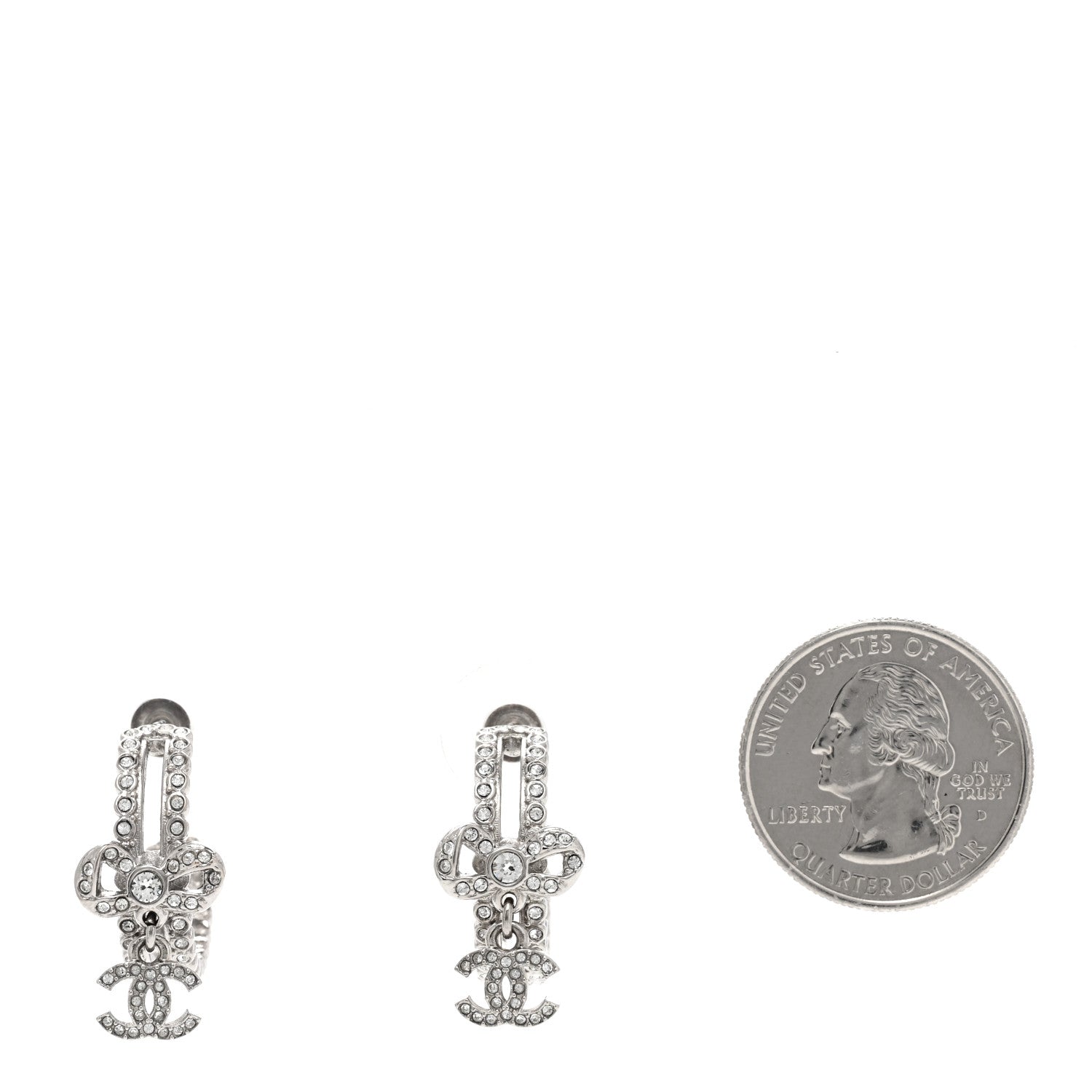 Chanel Crystal CC Bow Hoop Drop Earrings Silver 2 of 4