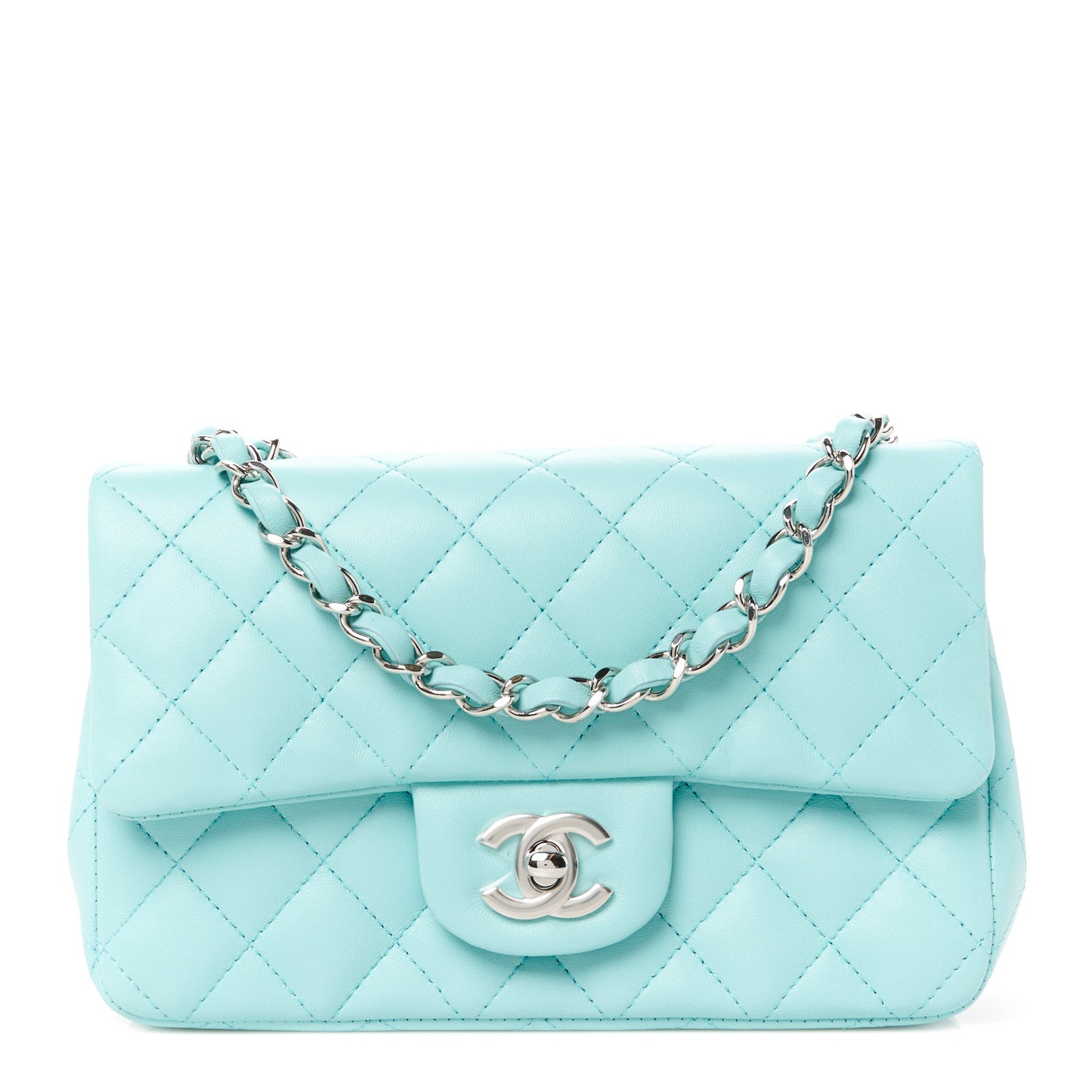Lambskin Quilted Mini Rectangular Flap Light Blue