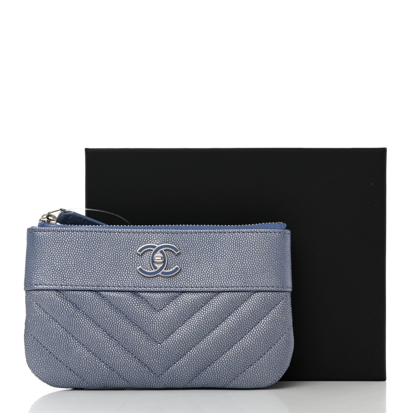 Metallic Caviar Chevron Quilted Small Vintage Mademoiselle Cosmetic Case Blue