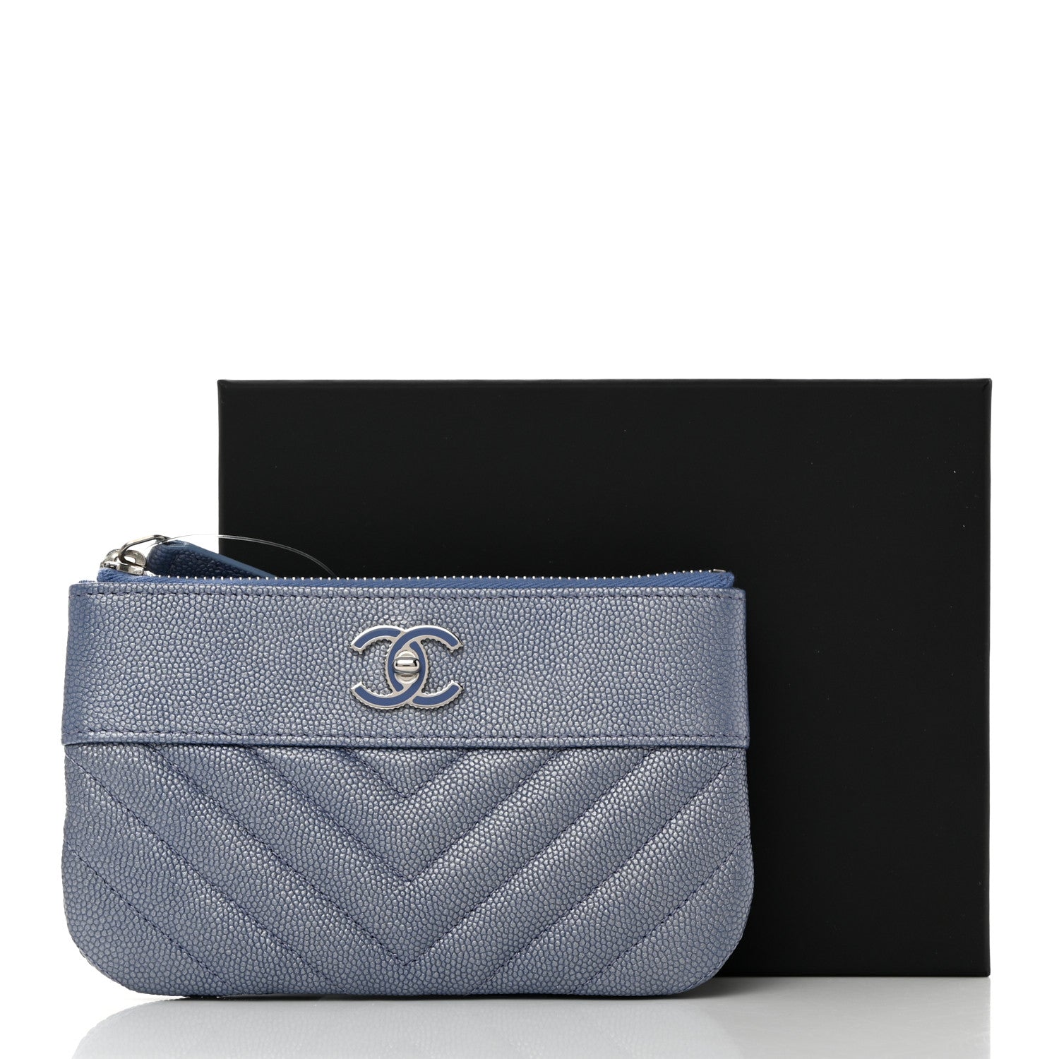 Chanel Metallic Caviar Chevron Quilted Small Vintage Mademoiselle Cosmetic Case Blue 8 of 8