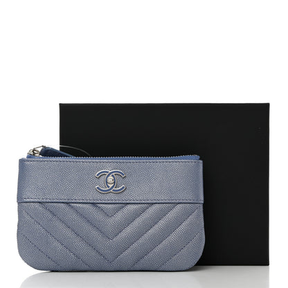 Chanel Metallic Caviar Chevron Quilted Small Vintage Mademoiselle Cosmetic Case Blue 8 of 8