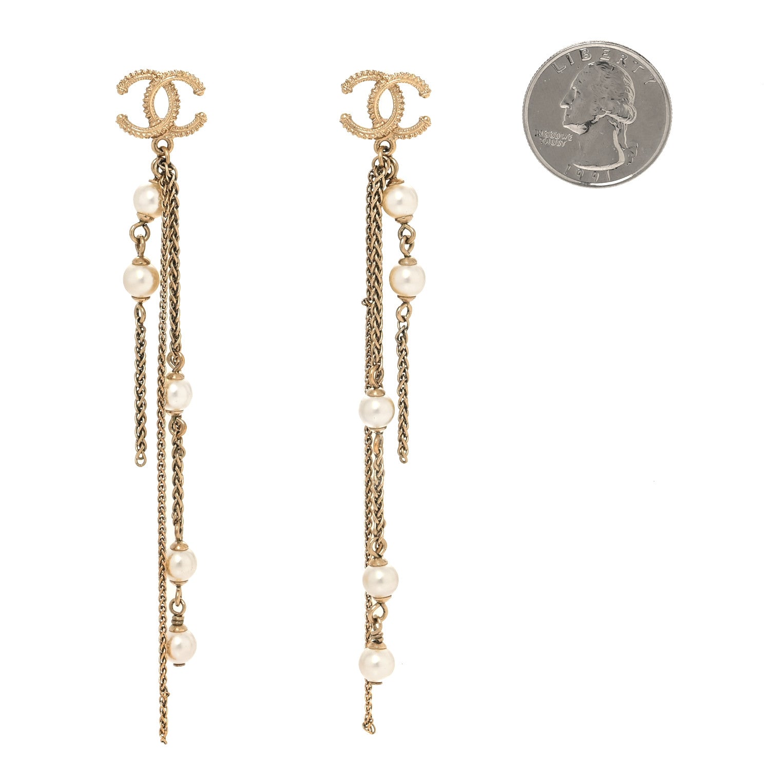 Chanel Pearl CC Multi Chain Drop Earrings Gold 2 of 4