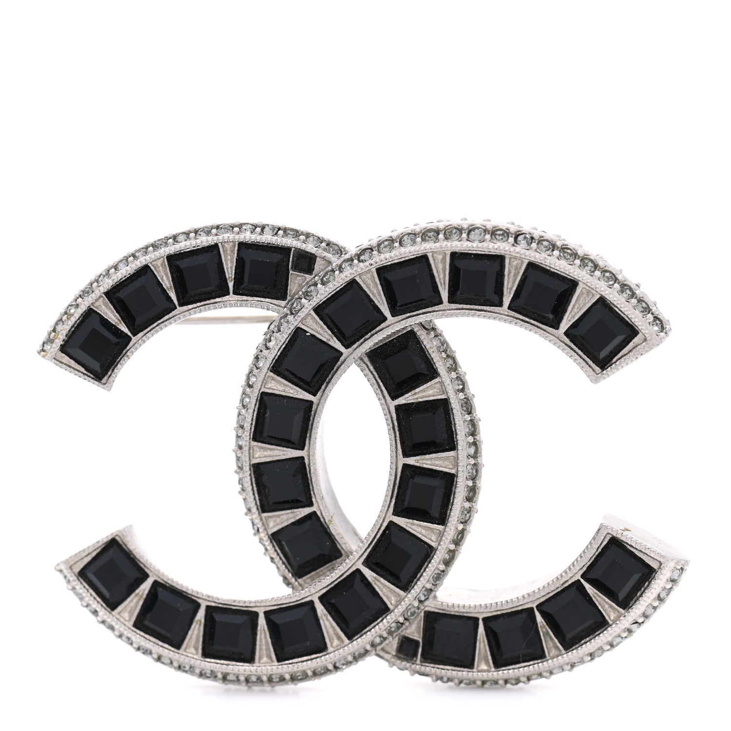 Chanel Baguette Crystal CC Brooch Silver Black 1 of 5
