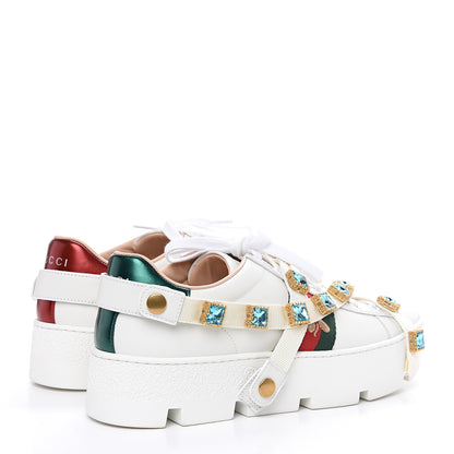 Gucci Calfskin Removable Crystals Bee Embroidered Ace Platform Sneakers 37.5 White 4 of 9