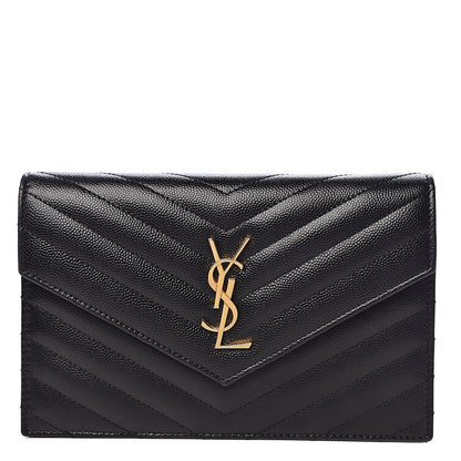 Saint Laurent Grain De Poudre Matelasse Chevron Monogram Envelope Chain Wallet Black 1 of 10