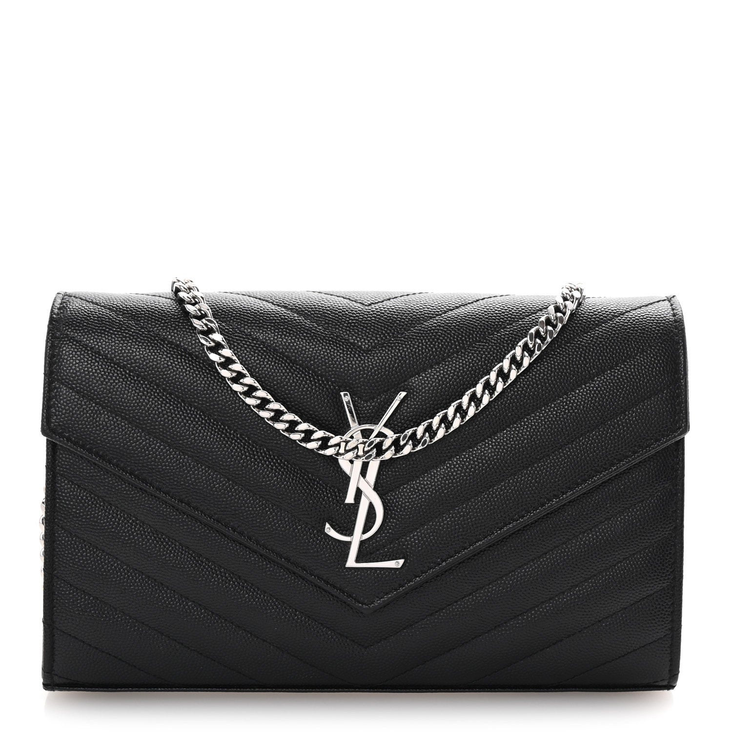 Saint Laurent Grain De Poudre Matelasse Chevron Monogram Chain Wallet Black 1 of 10