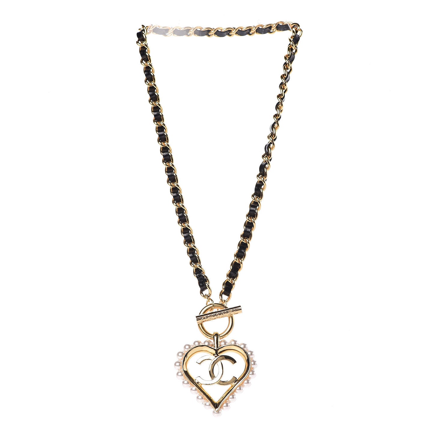 Calfskin Pearl Heart Necklace Gold Black
