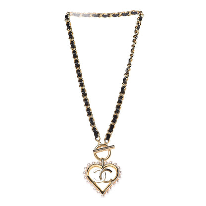 Chanel Calfskin Pearl Heart Necklace Gold Black 3 of 7