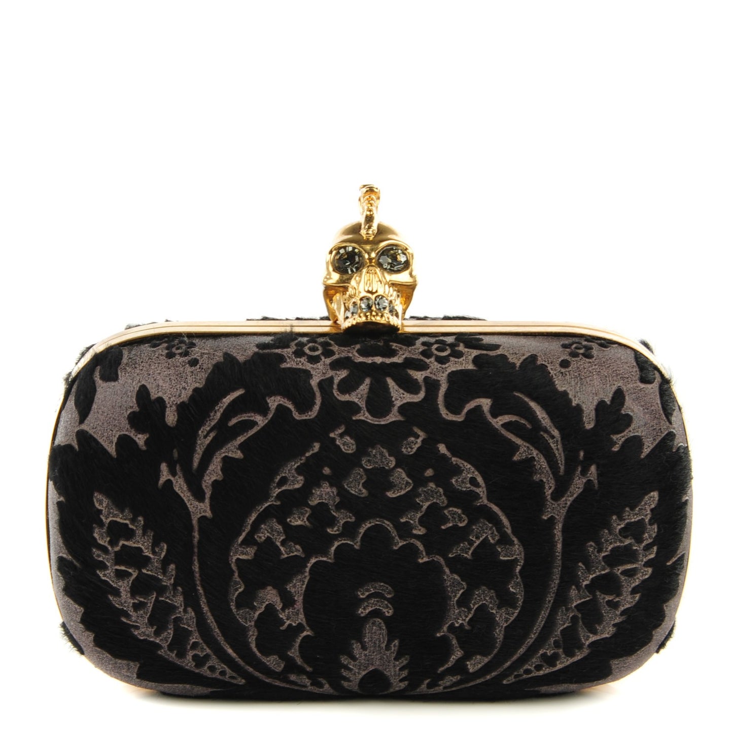 Baroque Print Calf Hair Skull Box Clutch Black