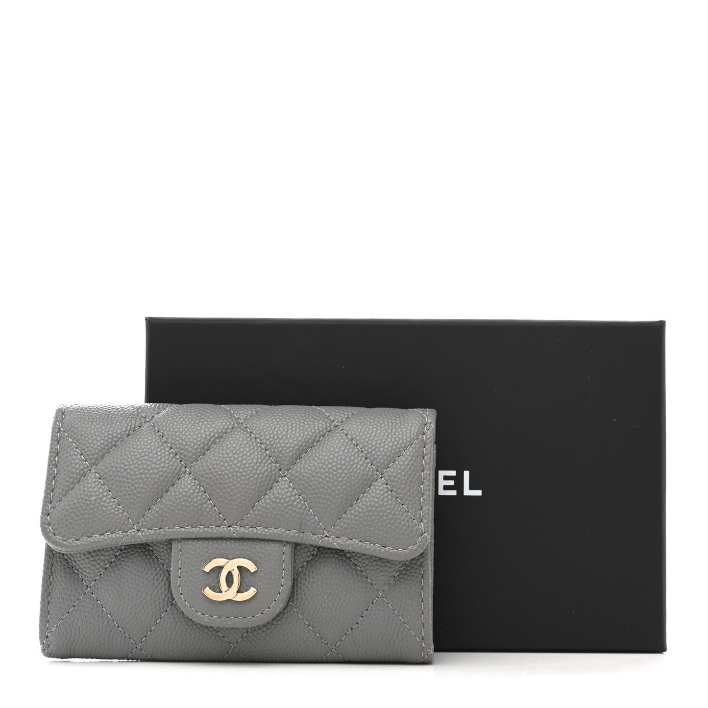 Caviar Quilted Flap Card Holder Wallet Grey