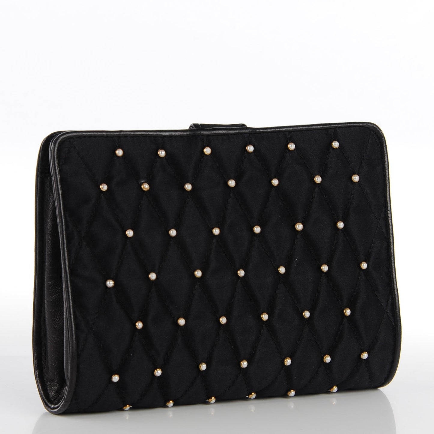 Satin Pearl Quilted CC Clutch Black