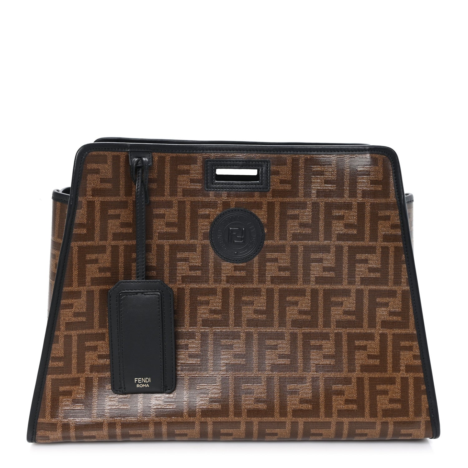 Fendi Glazed Fabric Vitello Century FF 1974 Stamp Patch Medium Peekaboo Defender Cover Mogano Panna Black 1 of 7