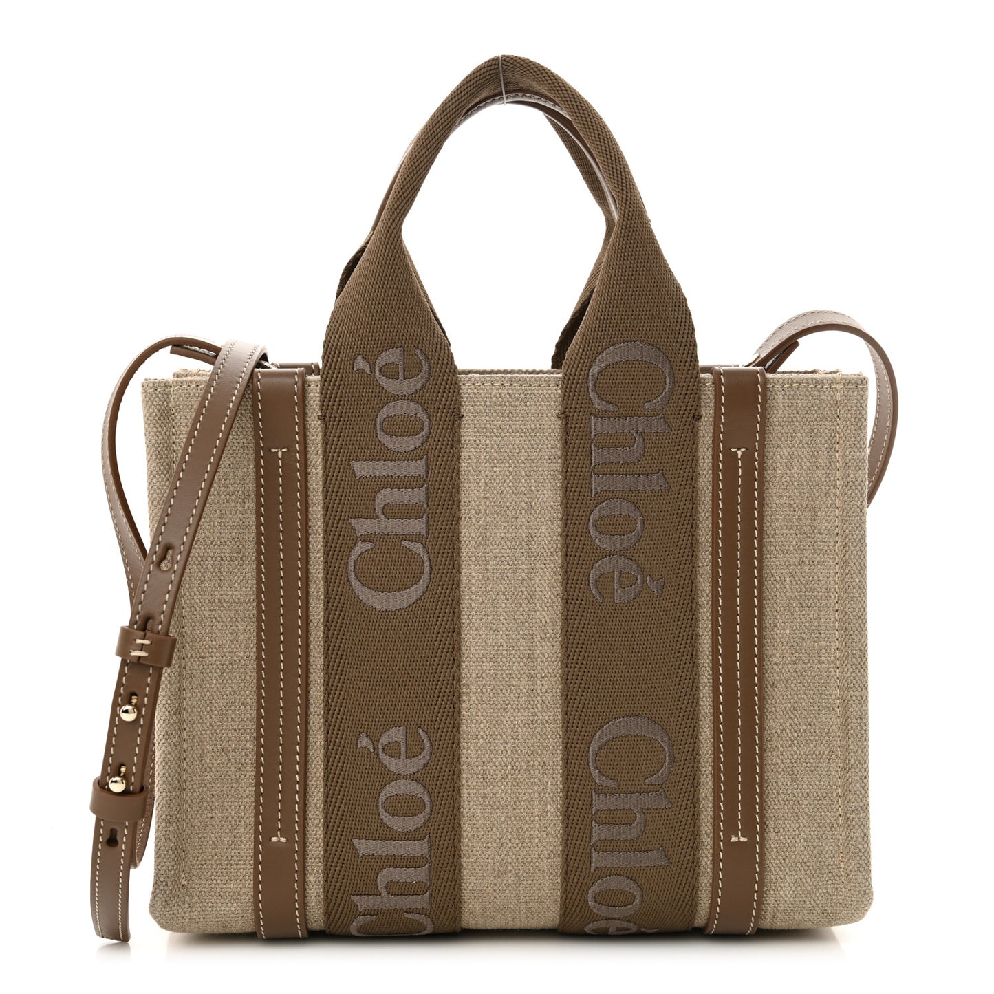 Linen Calfskin Small Woody Ribbon Tote With Strap Dark Nut