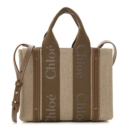 Chloe Linen Calfskin Small Woody Ribbon Tote With Strap Dark Nut 1 of 10