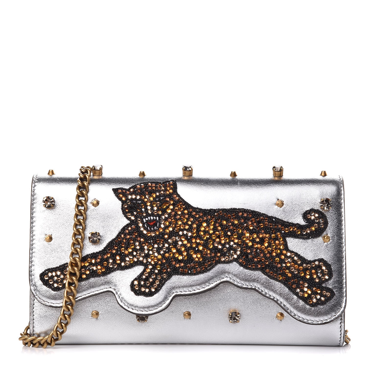 Gucci Metallic Nappa Embellished Tiger Broadway Chain Clutch Silver 1 of 9