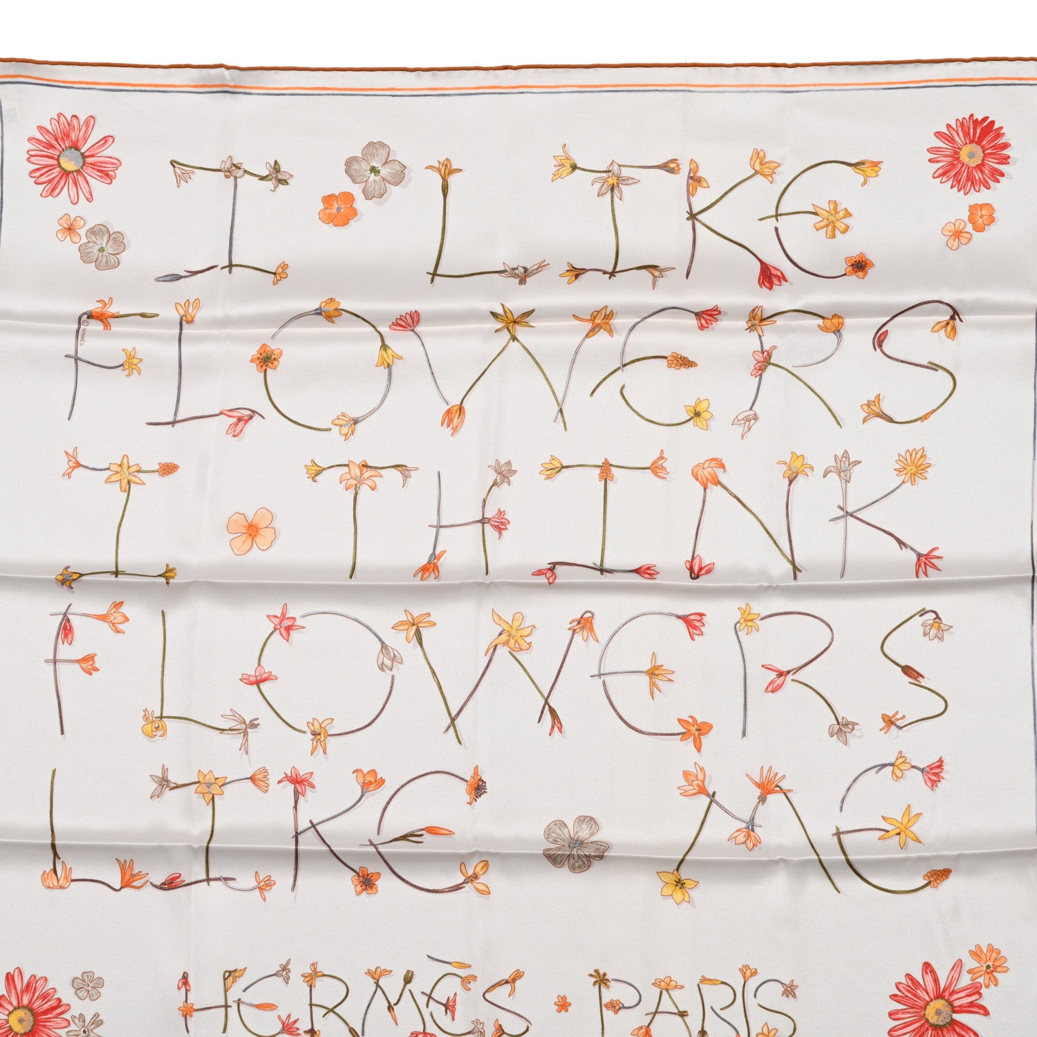 Hermes Silk I Like Flowers Scarf 90 Creme Orange Brun 5 of 5
