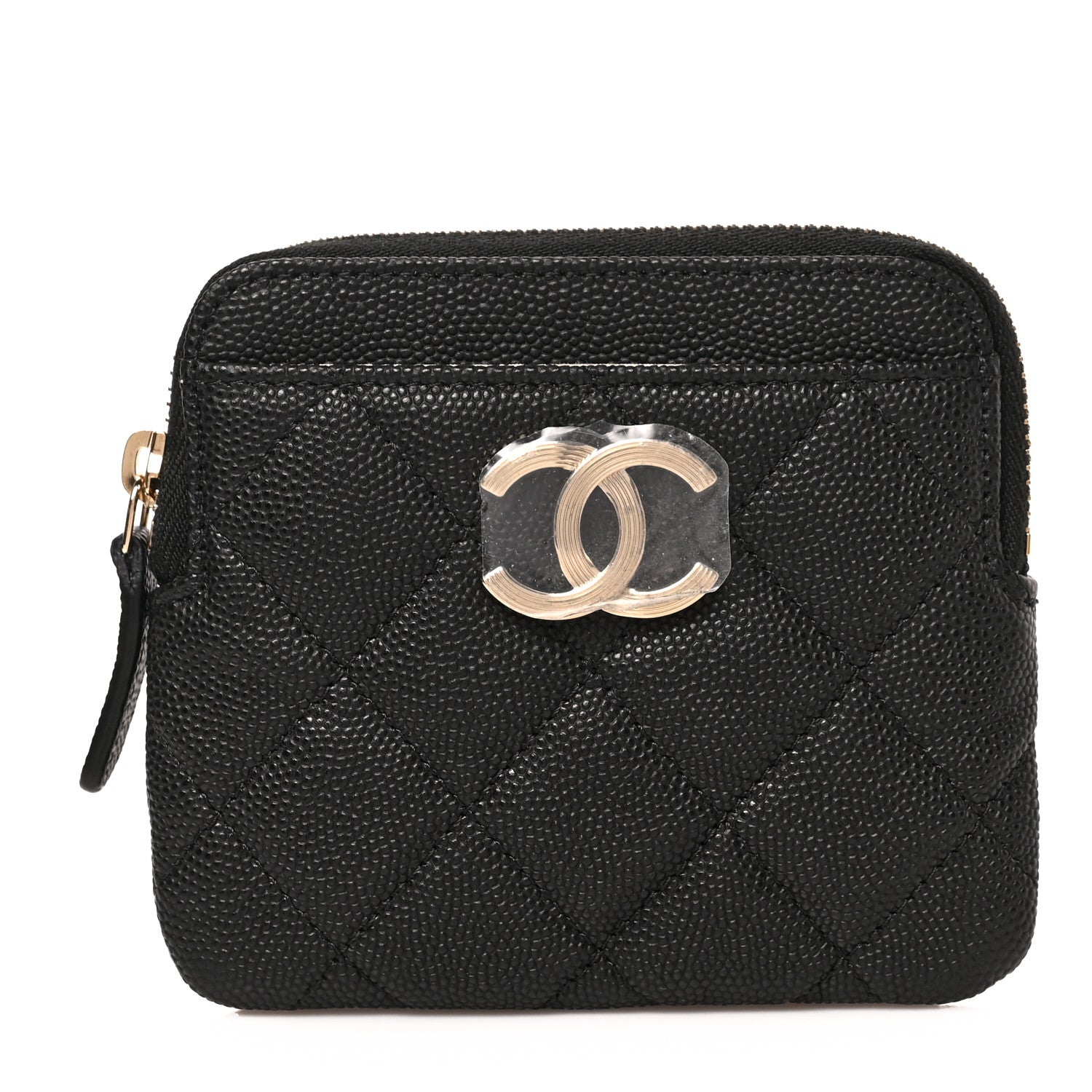 Chanel Caviar Metal Quilted Striated Zip Card Holder Wallet Black 1 of 6