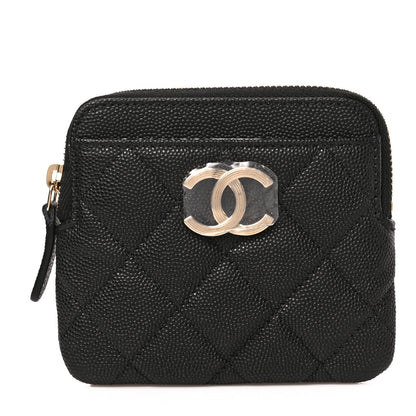 Chanel Caviar Metal Quilted Striated Zip Card Holder Wallet Black 1 of 6