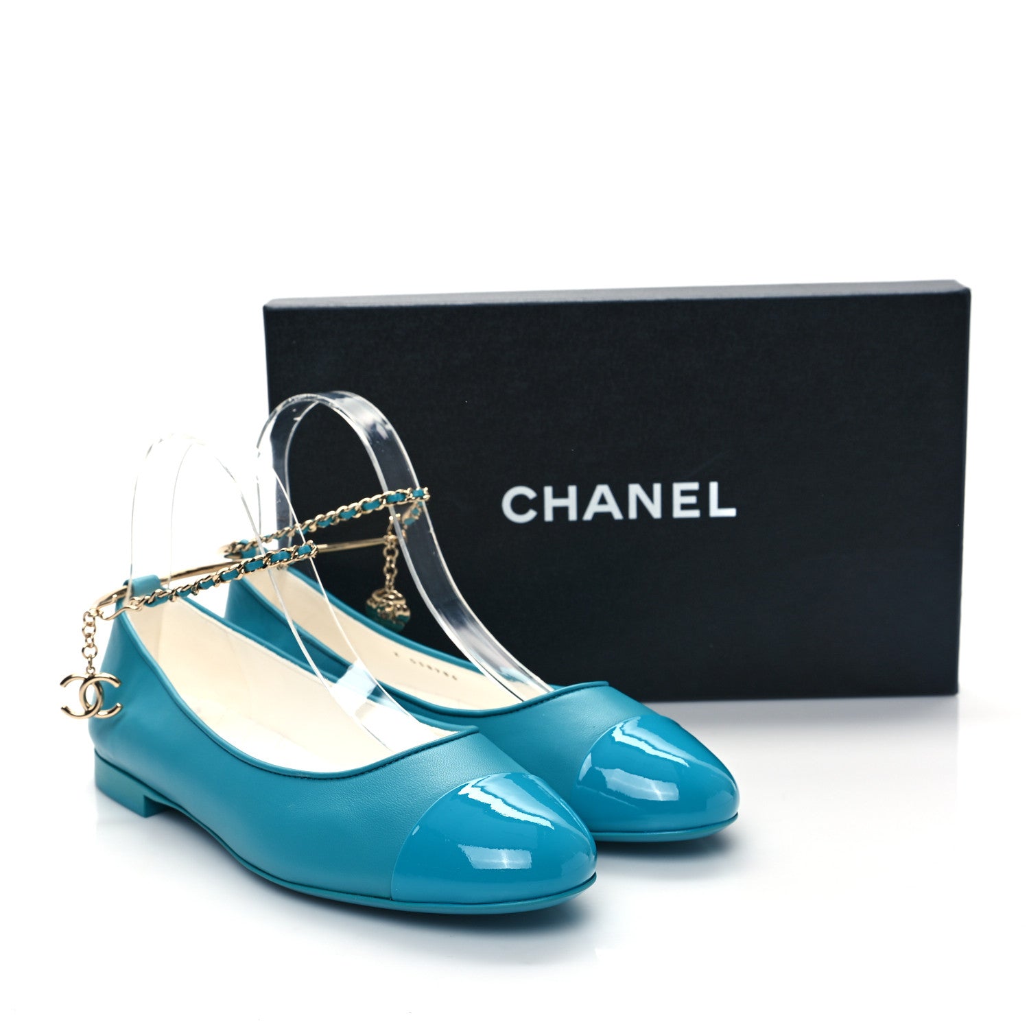 Chanel Lambskin Patent Calfskin Cap Toe Ankle Chain Ballerina Flats 38 Turquoise 18 of 18