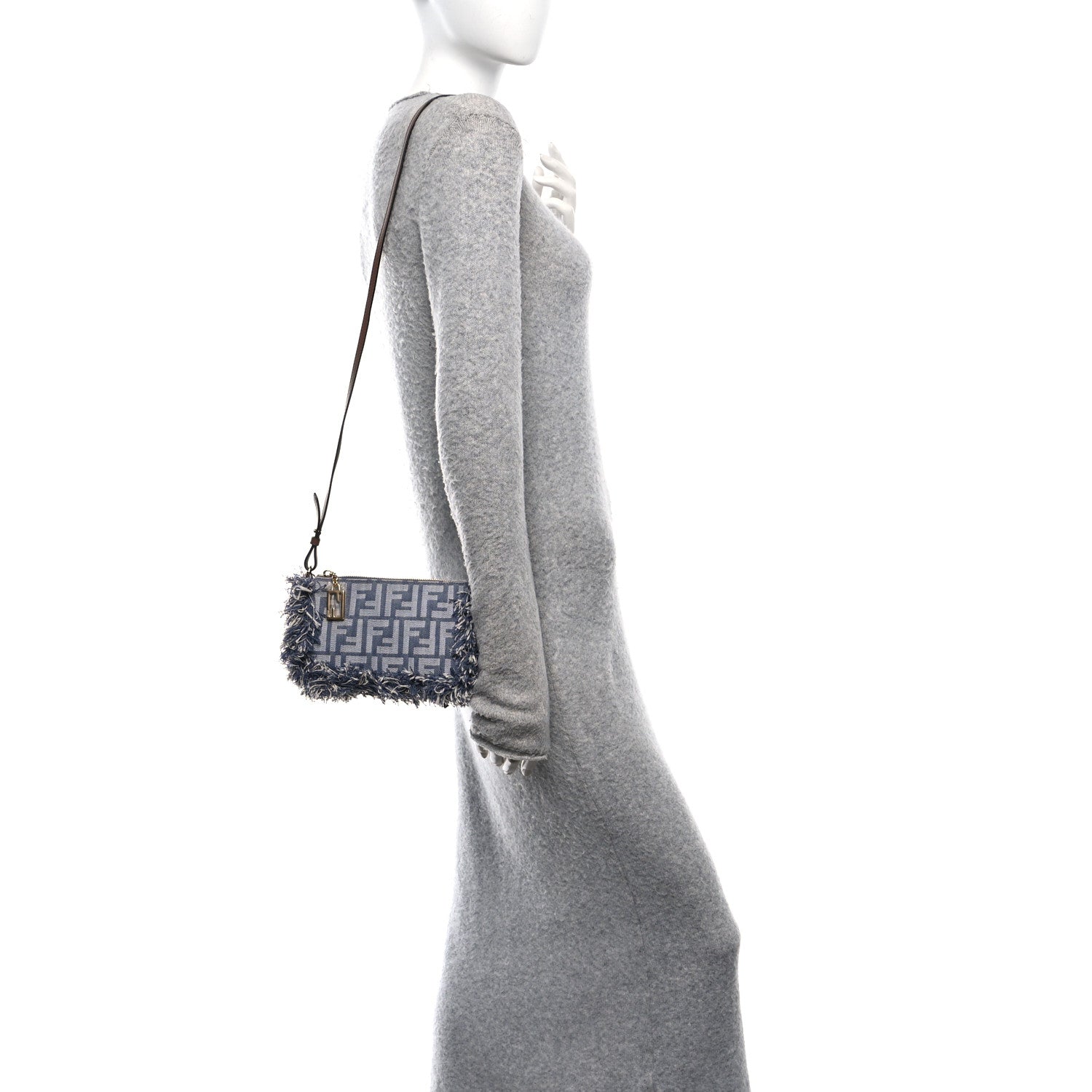 Fendi Denim Vitello Fringe FF Embroidered Baguette Pouch Myrtle Dark Nut 2 of 9