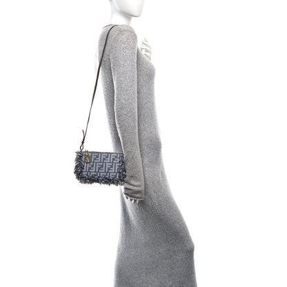 Fendi Denim Vitello Fringe FF Embroidered Baguette Pouch Myrtle Dark Nut 2 of 9