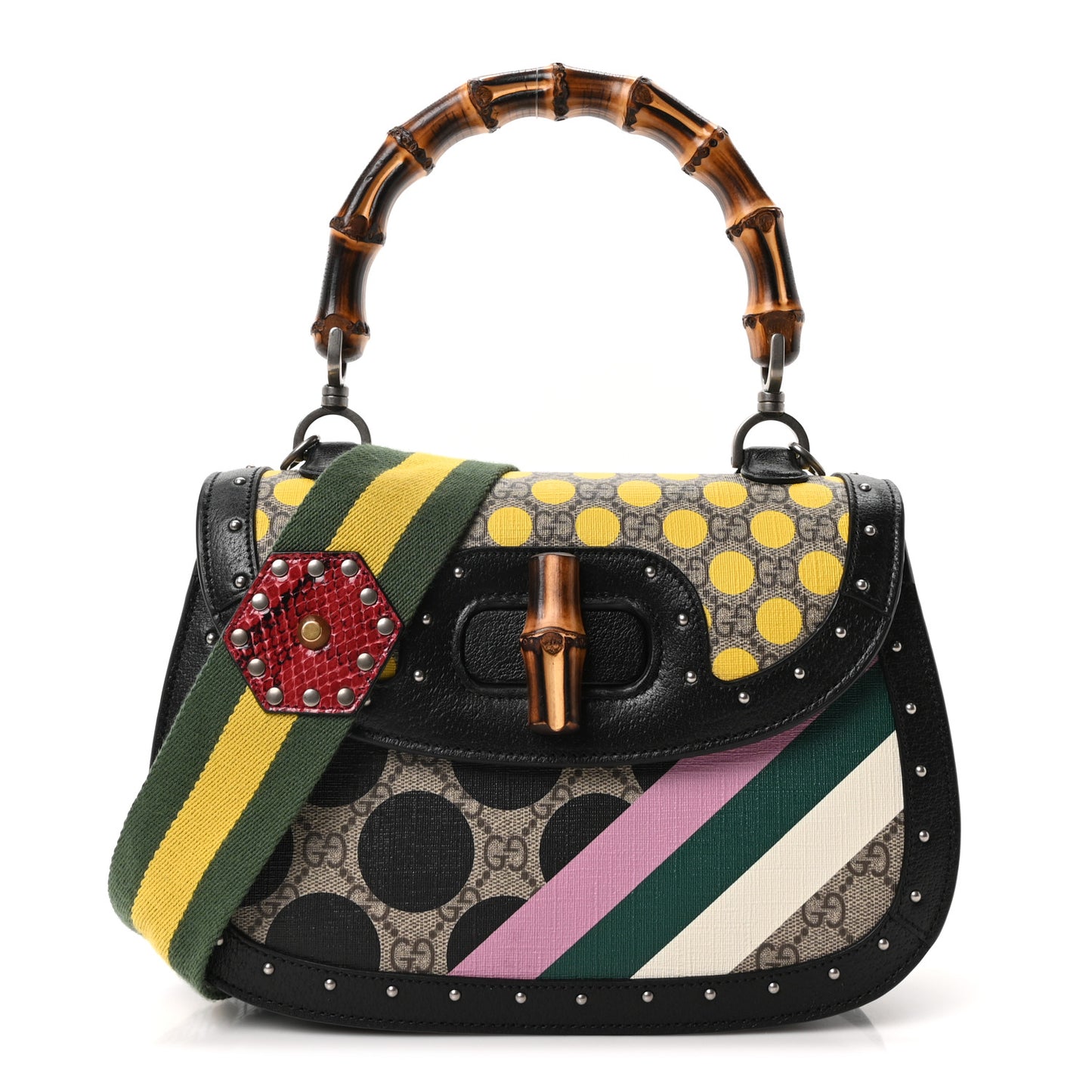 GG Supreme Monogram Studded Calfskin 100 Centennial Geometric Medium Bamboo 1947 Top Handle Bag Beige Ebony Multicolor