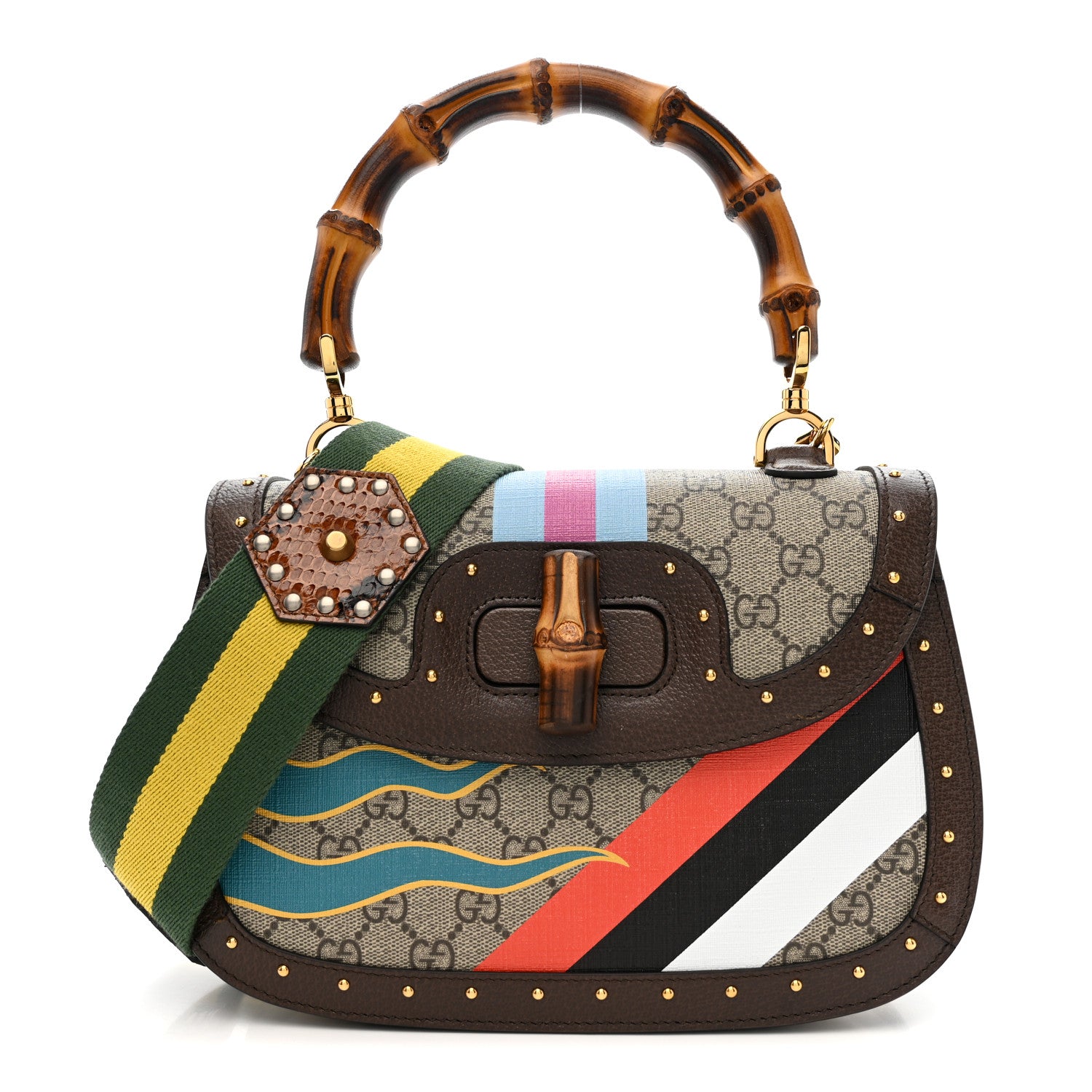 Gucci GG Supreme Monogram Studded Calfskin 100 Centennial Geometric Medium Bamboo 1947 Top Handle Bag Beige Ebony Multicolor 1 of 11