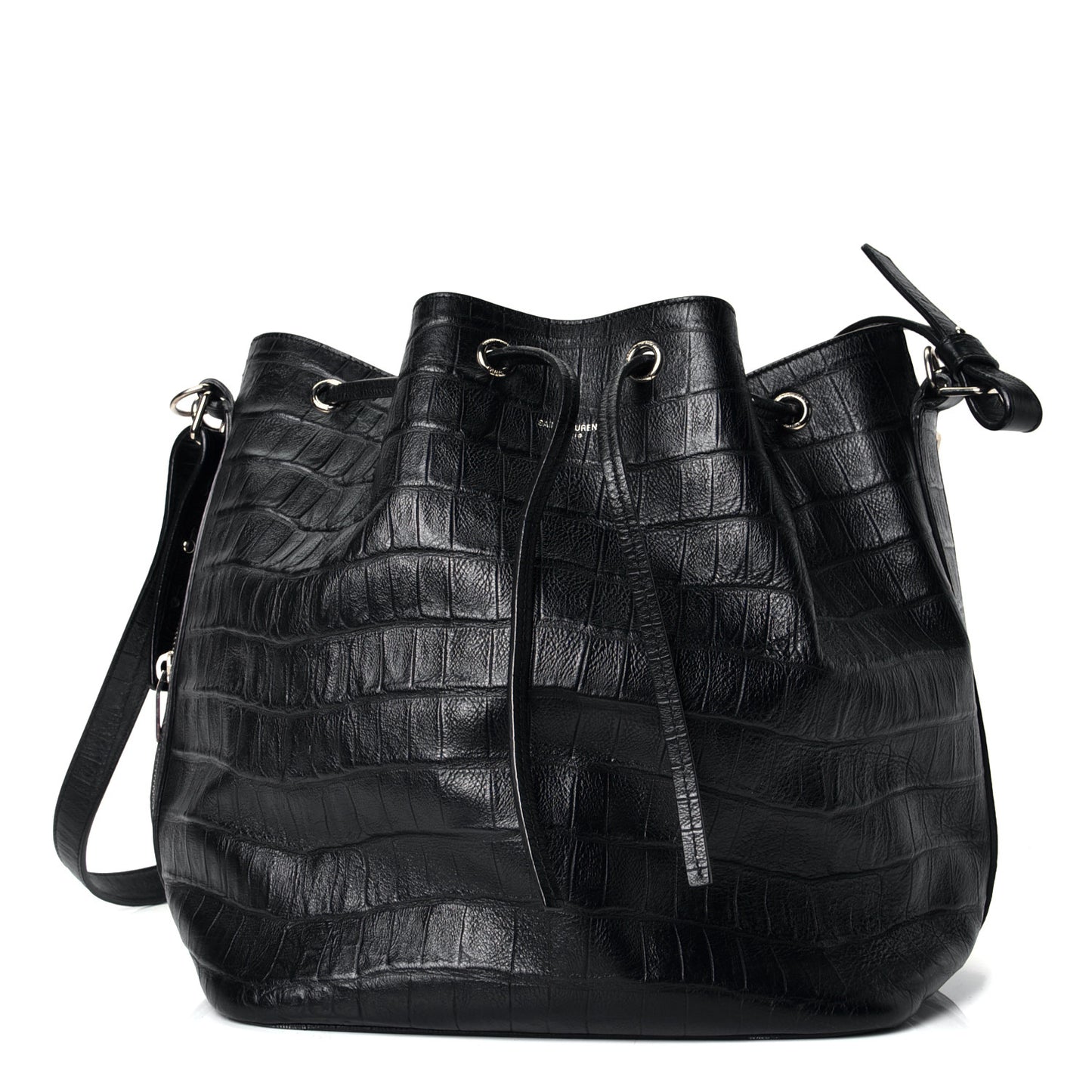 Calfskin Crocodile Embossed Emmanuelle Bucket Bag Black