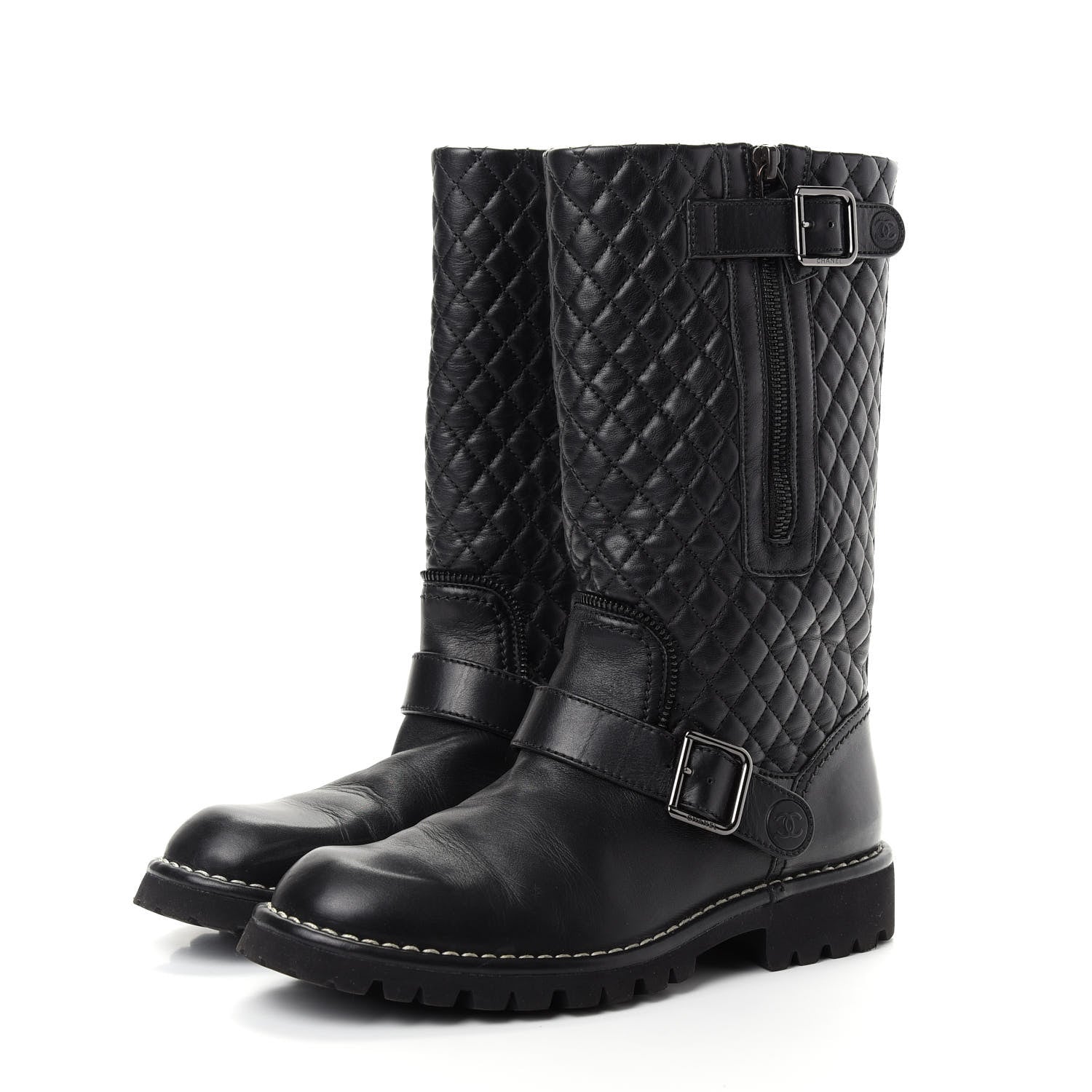 Chanel Calfskin Quilted Biker Boots 37.5 Black 3 of 10