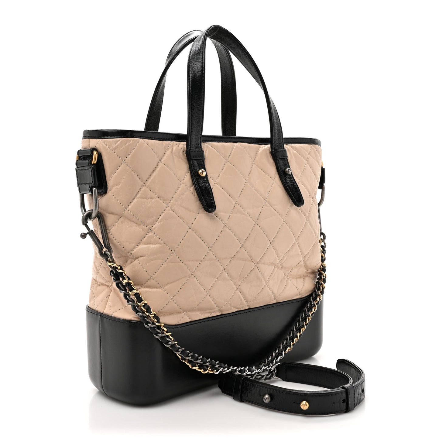Aged Calfskin Quilted Medium Gabrielle Shopping Tote  Beige Black