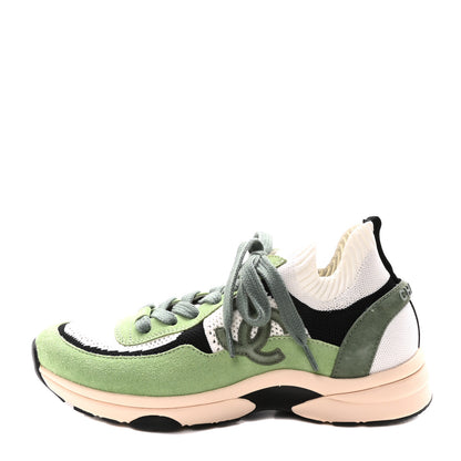 Chanel Knit Suede Fabric Womens CC Sneakers 40 Green Dark Green White Black 1 of 8