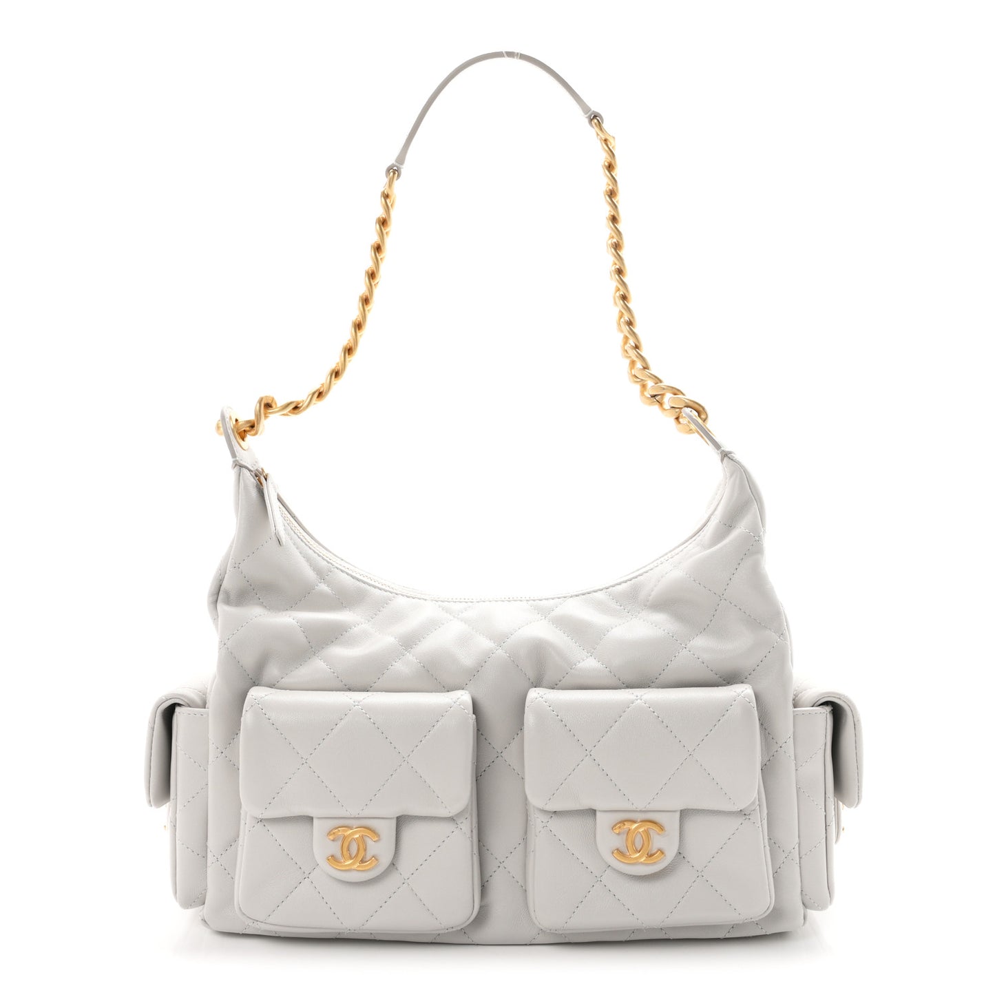 Shiny Lambskin Quilted Large Trendy Pockets Hobo Light Grey