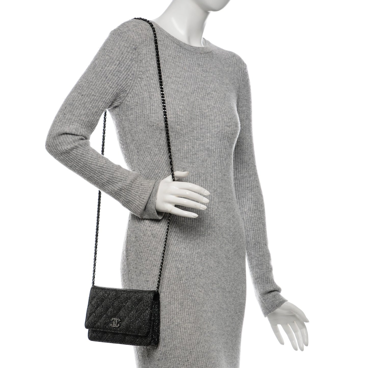 Glitter Calfskin Quilted Wallet on Chain WOC Black Silver