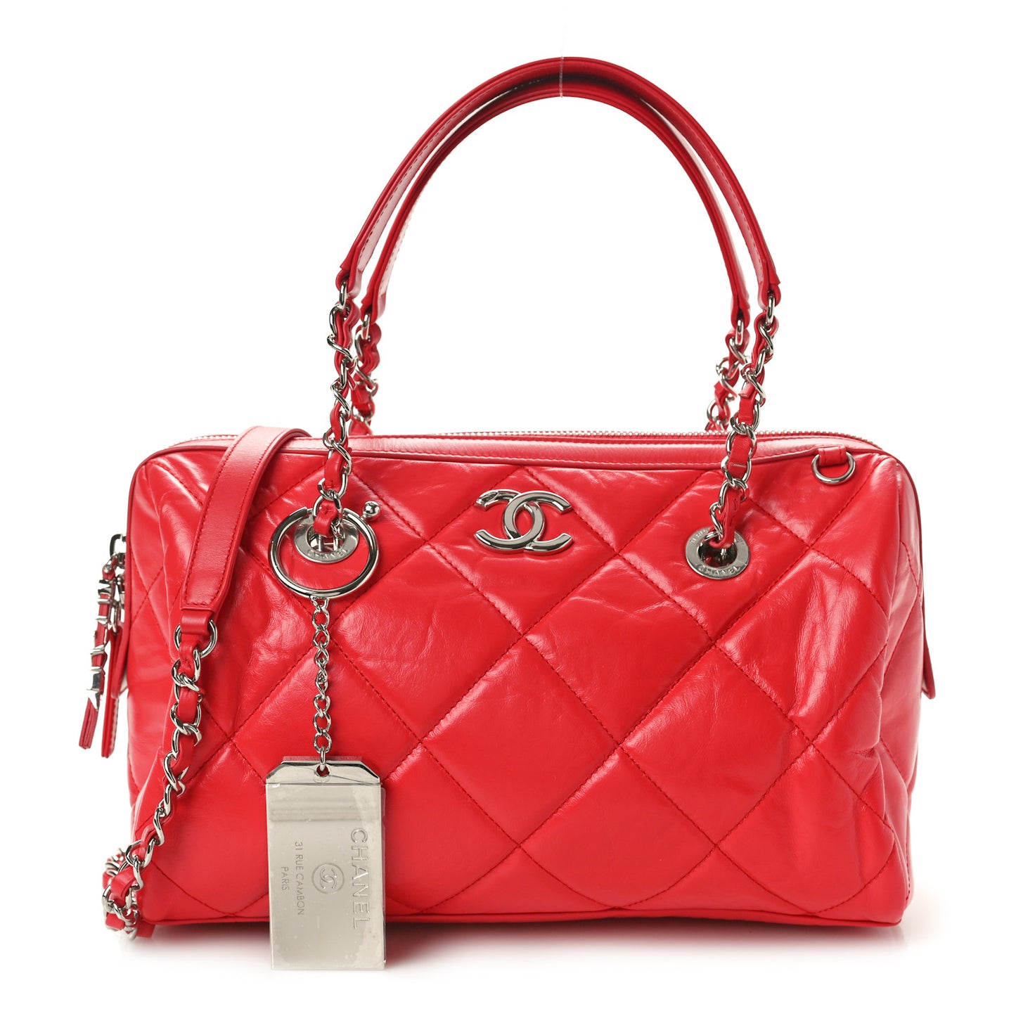 Calfskin Quilted Small CC Bowling Bag Red