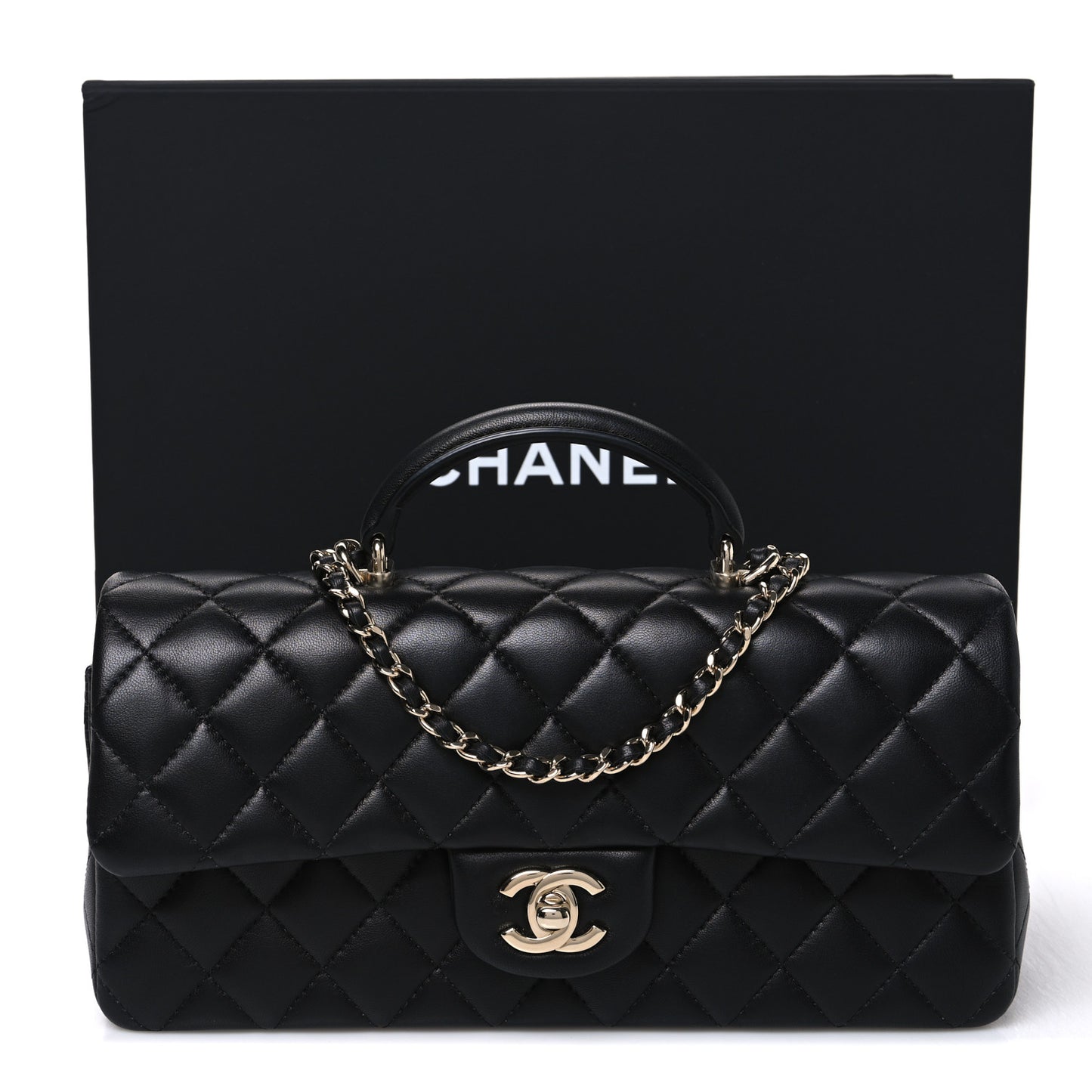 Lambskin Quilted Top Handle East West Flap Black