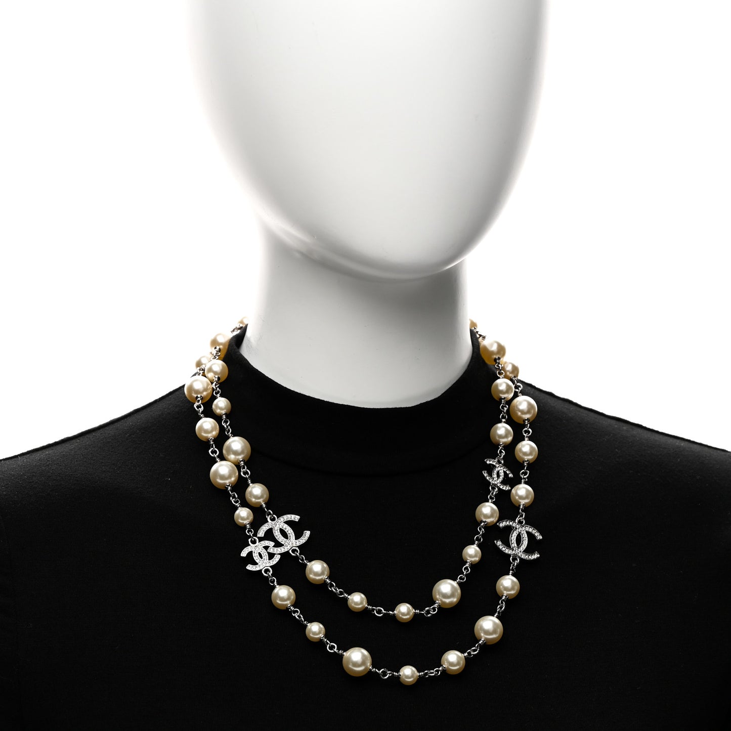 Graduated Pearl Crystal CC Long Necklace Silver