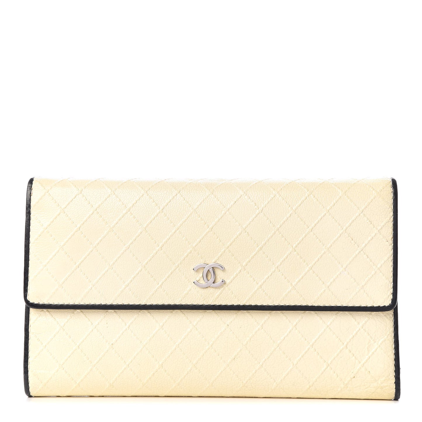 Calfskin Diamond Embossed Long Flap Wallet White