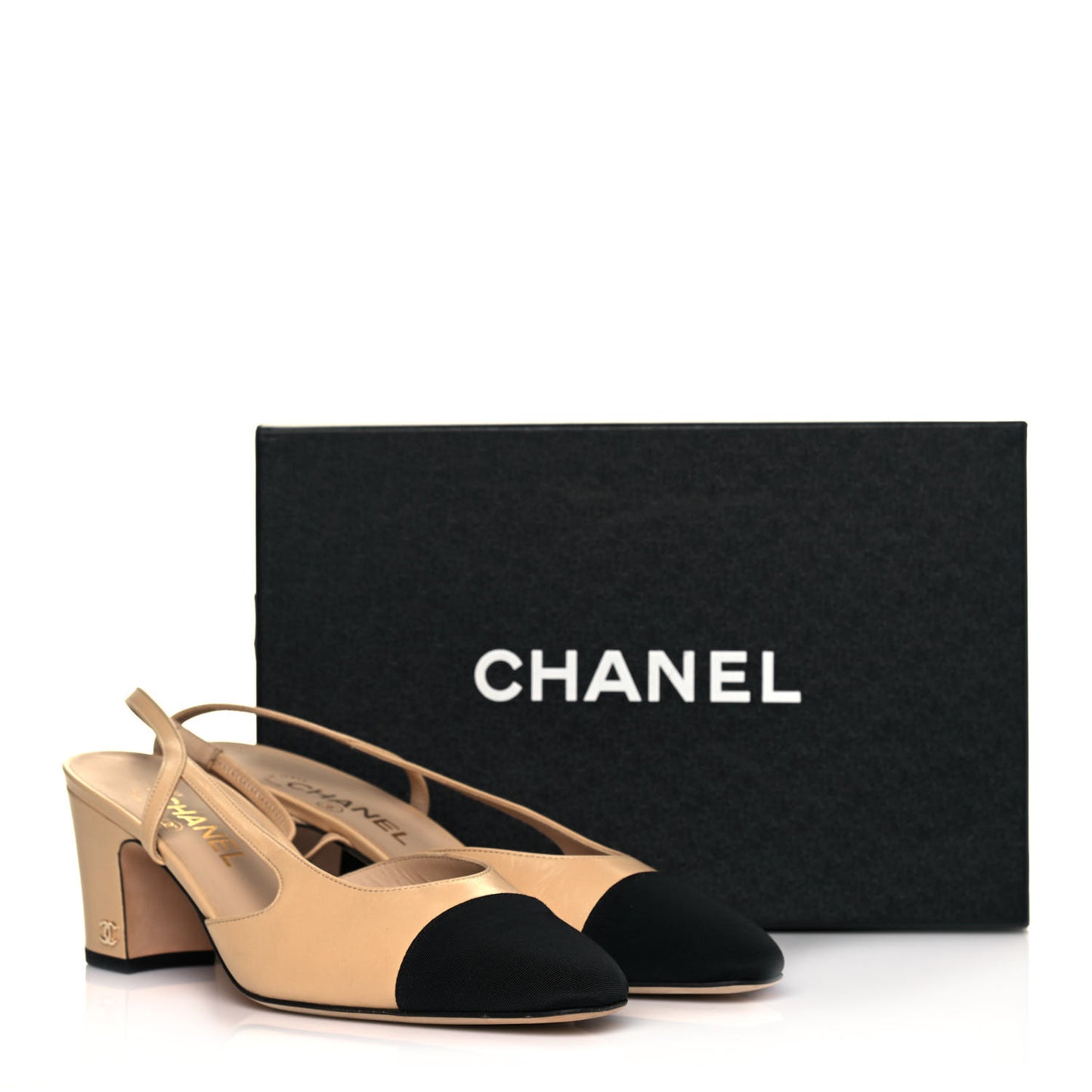 Goatskin Grosgrain Cap Toe CC Slingback Pumps 40 Beige Black