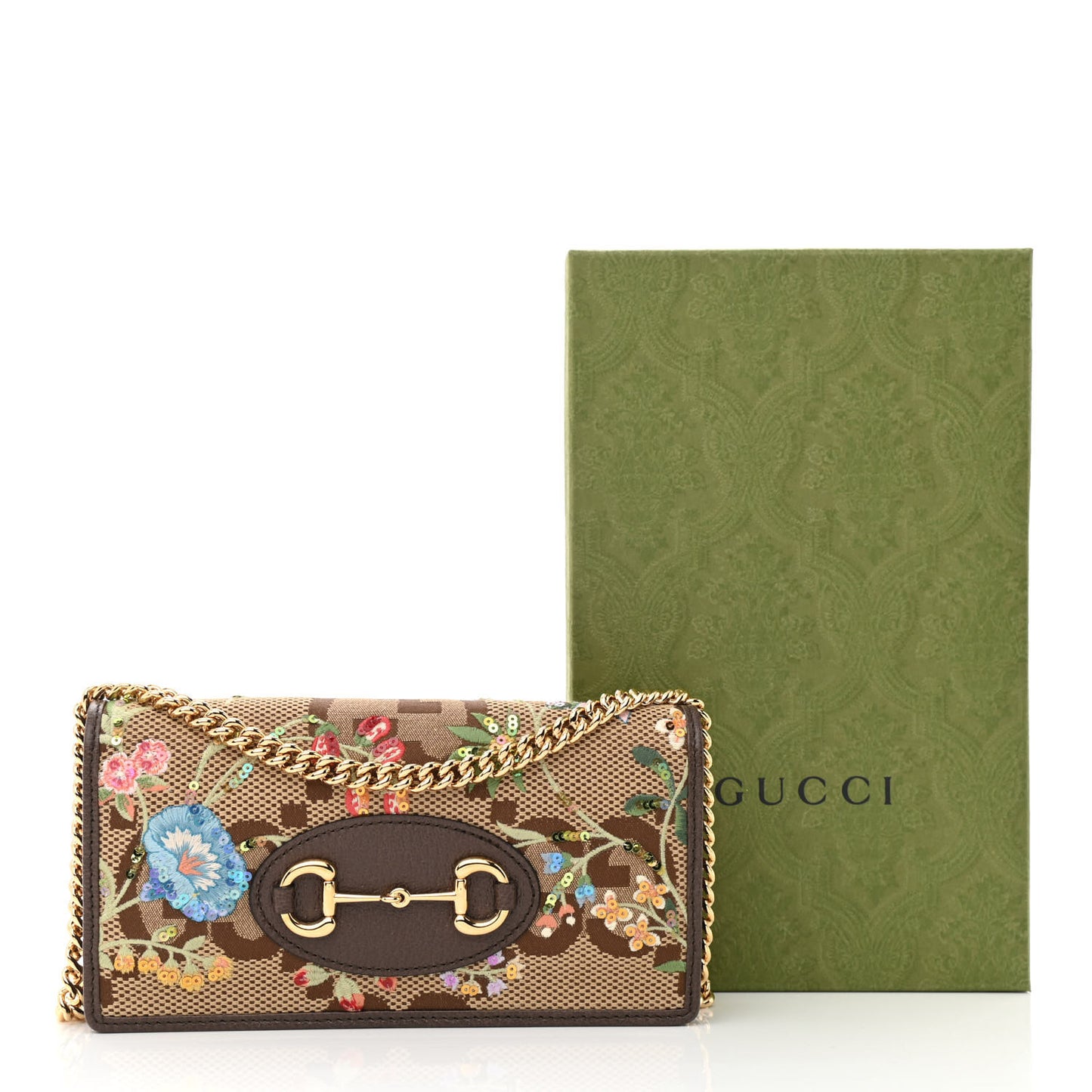 Monogram Jumbo GG Textured Dollar Calfskin Embroidered Horsebit 1955 Wallet On Chain Camel Ebony New Acero Multicolor