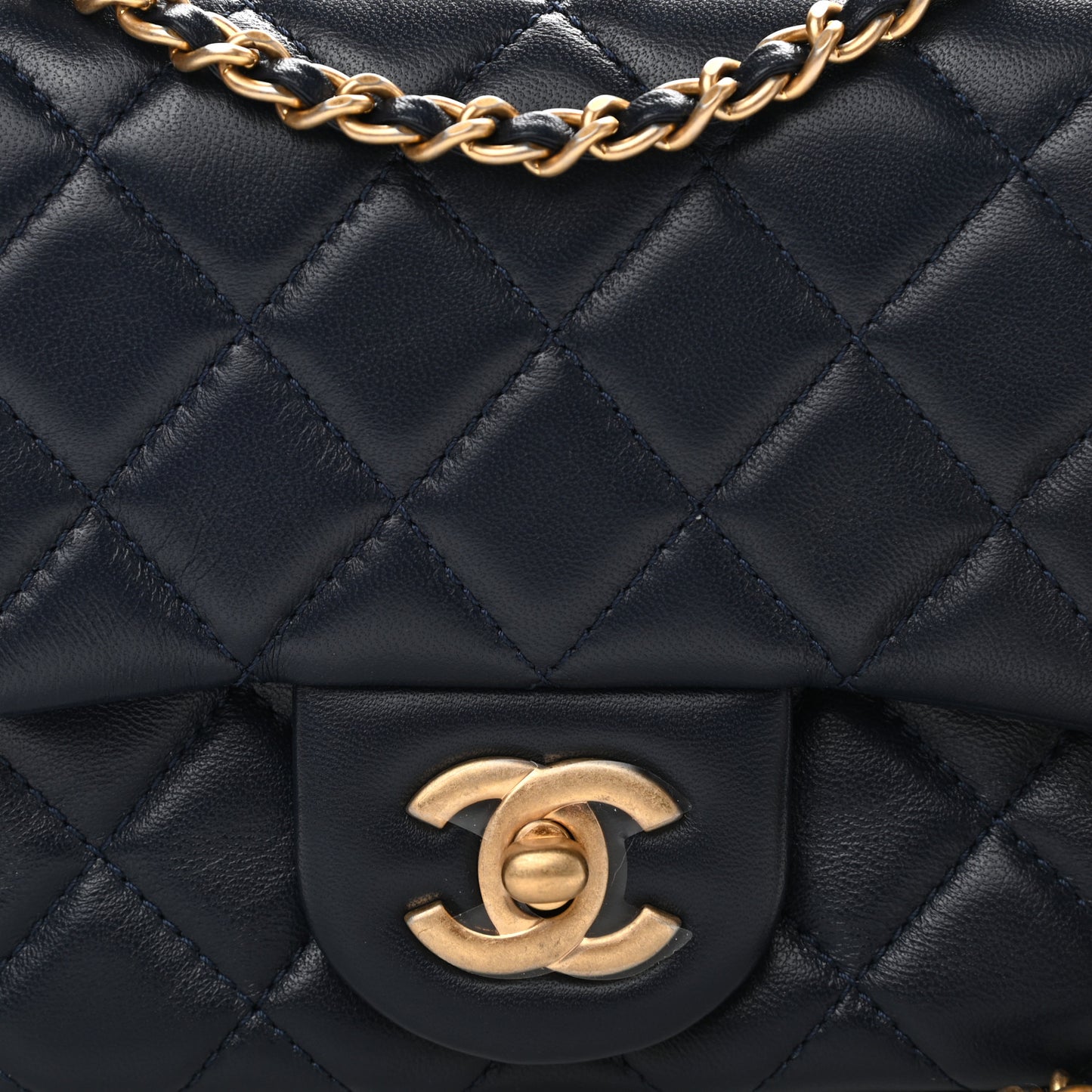Lambskin Quilted Mini Pearl Crush Flap Navy Blue