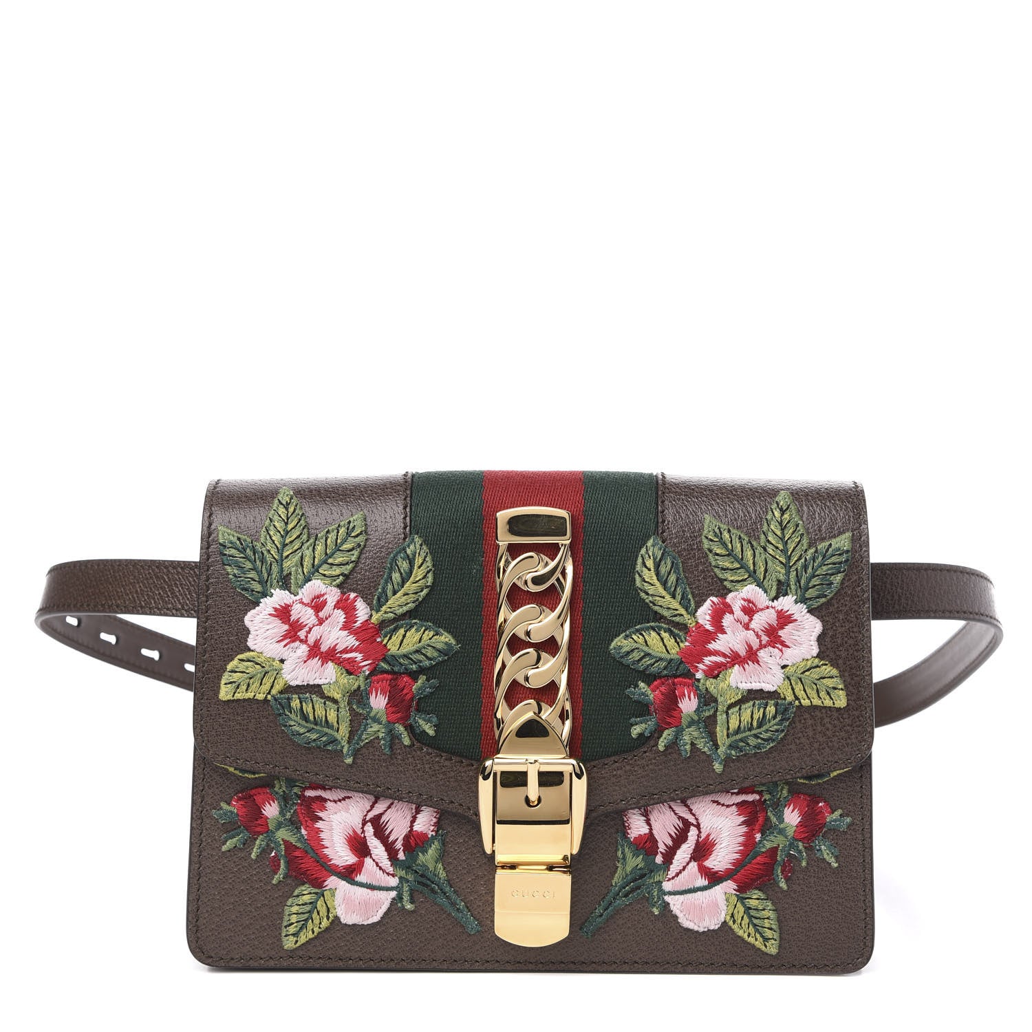 Gucci Calfskin Embroidered Sylvie Belt Bag Brown 1 of 10