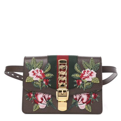 Gucci Calfskin Embroidered Sylvie Belt Bag Brown 1 of 10