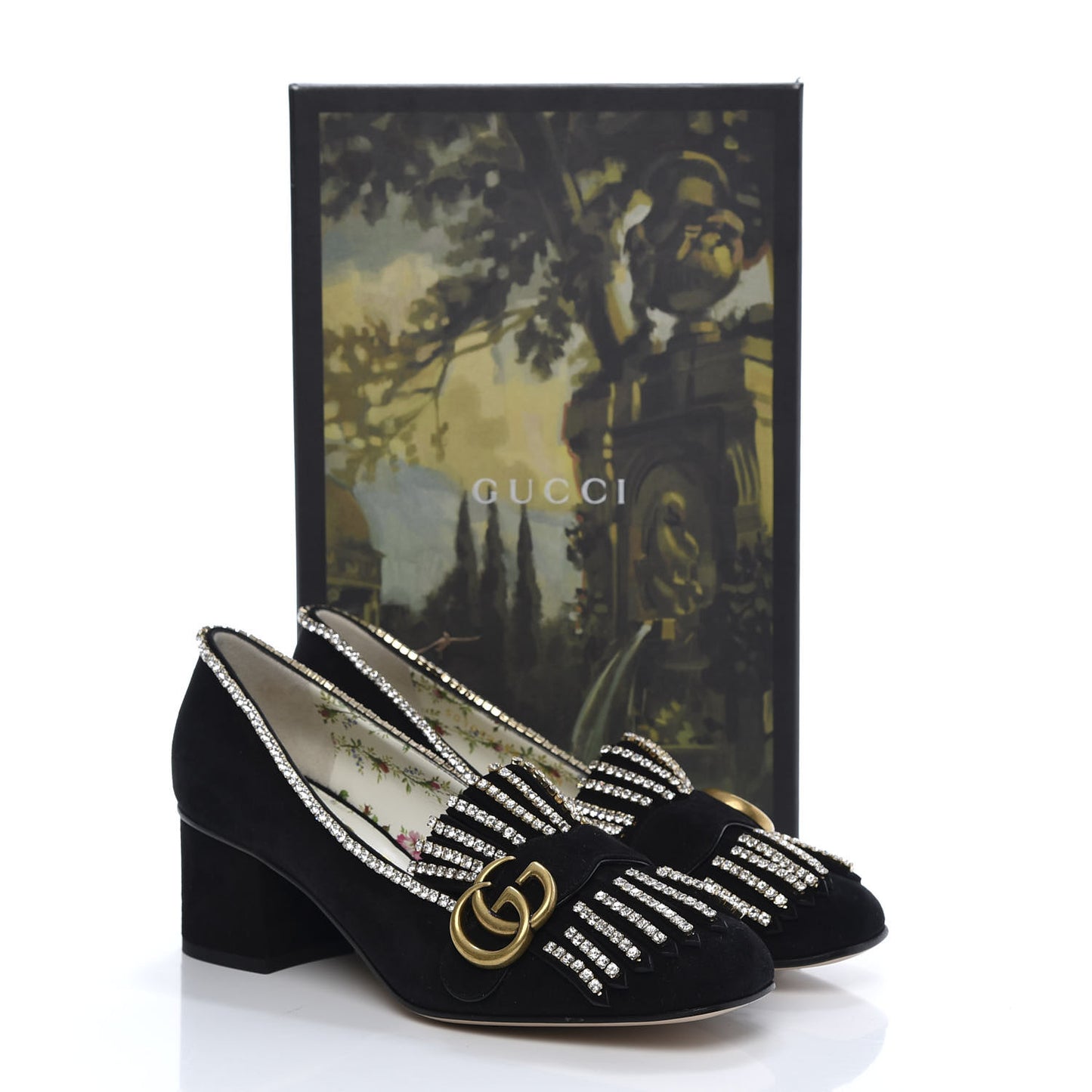 Kid Scamosciato Crystal GG Marmont Fringe 50mm Loafer Pumps 38 Black