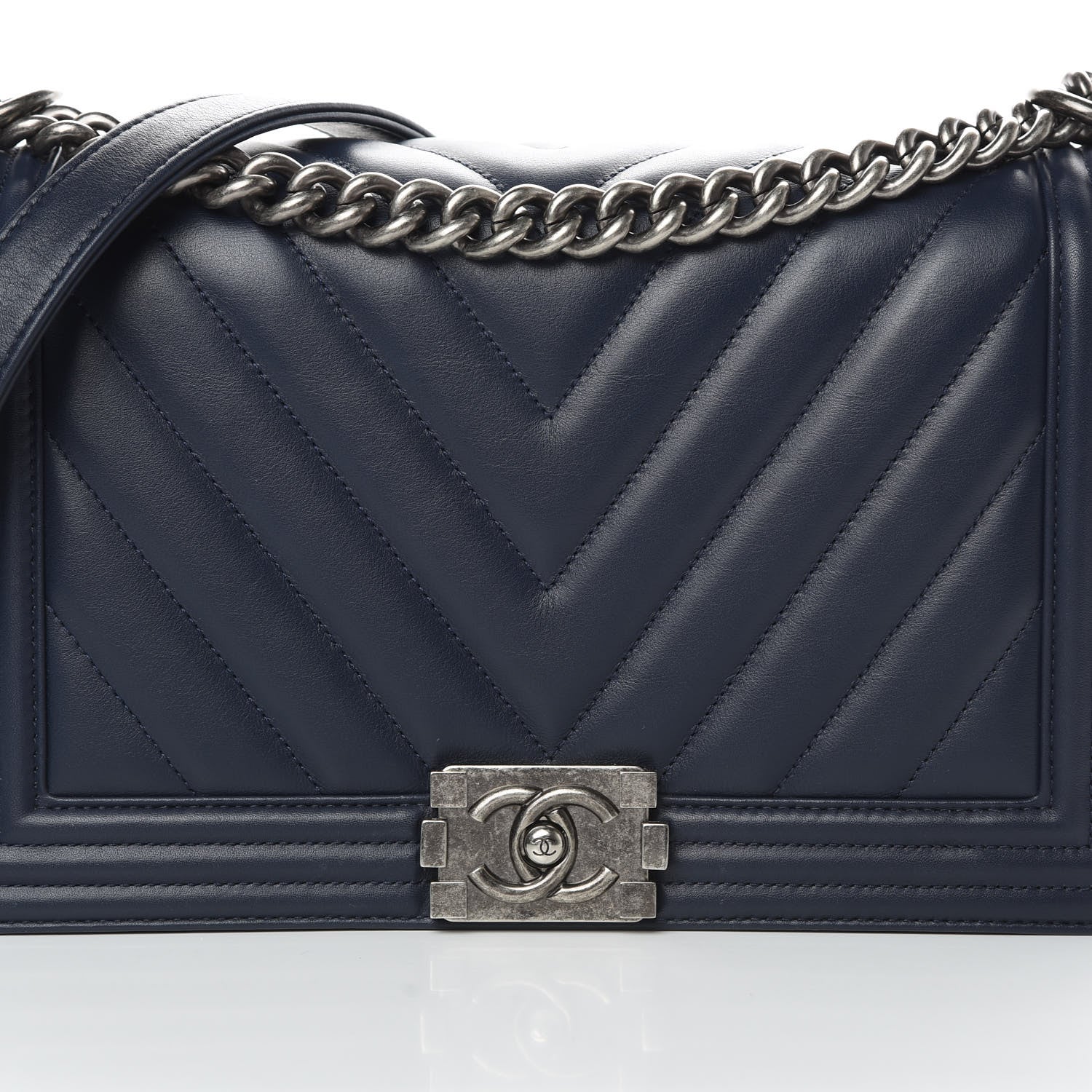 Chanel Calfskin Chevron Quilted New Medium Boy Flap Dark Navy Blue 8 of 14