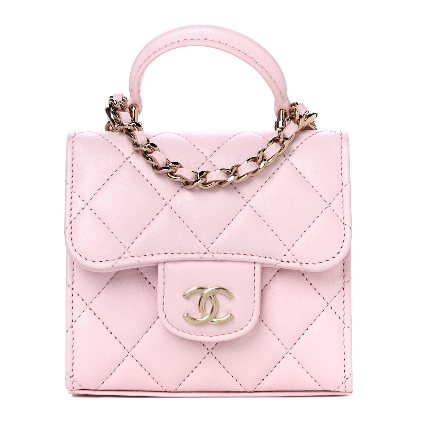 Lambskin Quilted Top Handle Clutch With Chain Light Pink
